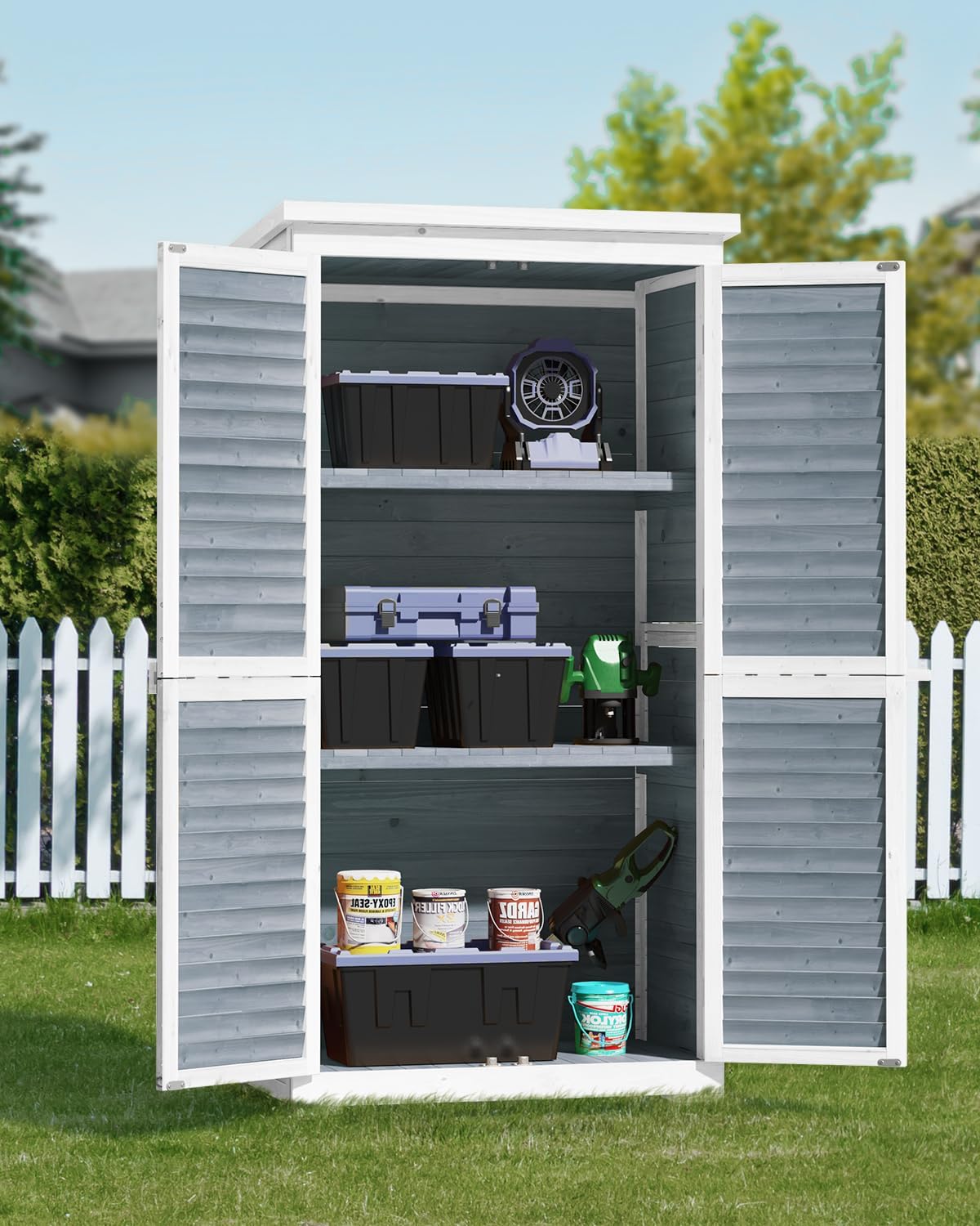 Bealife 63.2' Outdoor Storage Cabinet with Double Doors, Lockable Vertical Storage Shed with 3 Shelves Organizer, Waterproof Fir Wood Tool Closet Shed for Garden, Backyard, Patio, and Lawn -Grey