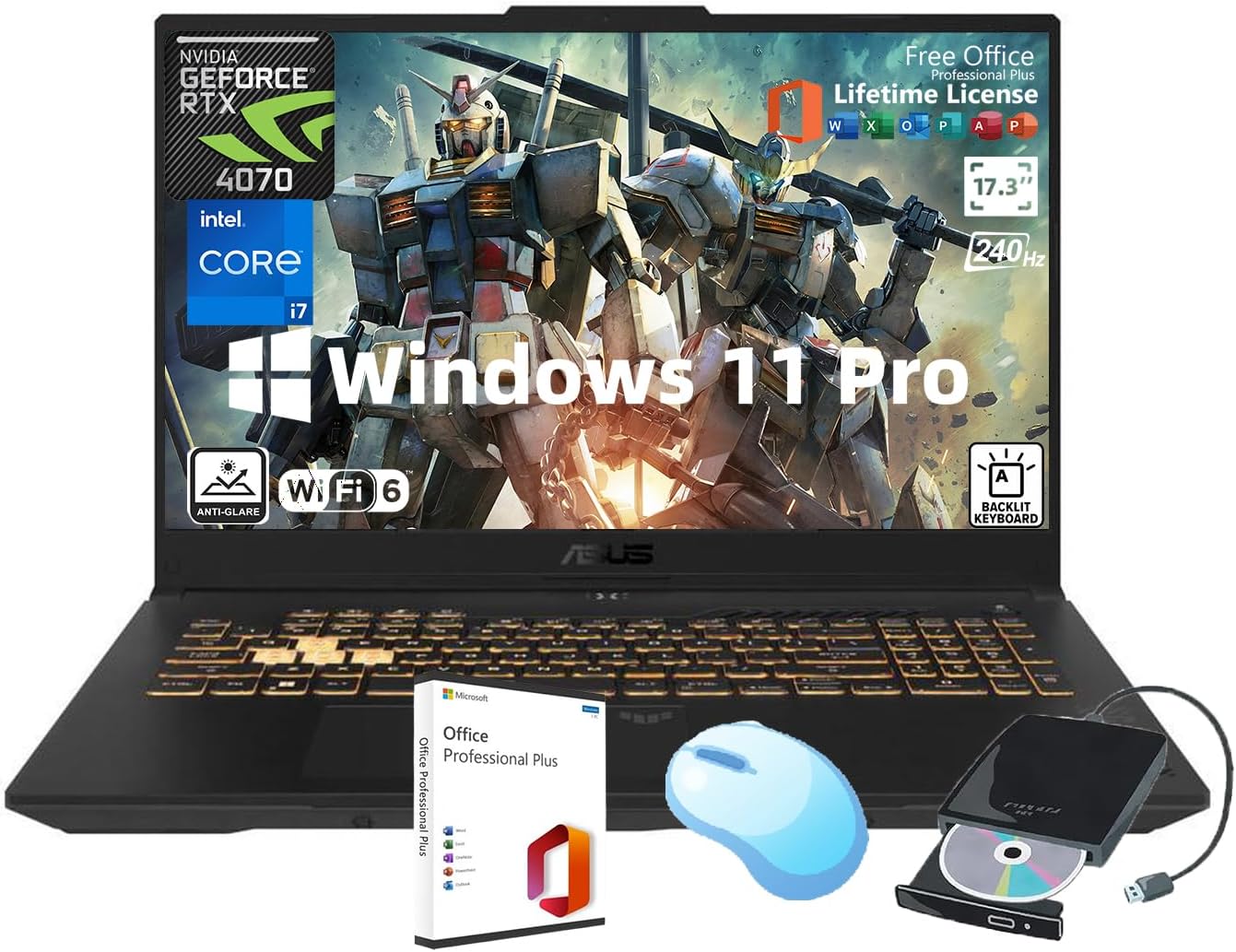 ASUS TUF F17 17.3'' Gaming Laptop, 2.5k WQHD 240Hz Display, NVIDIA GeForce RTX 4070, Intel i7-13620H, Backlit KB, Win 11 Pro, Microsoft Office & External DVD Drive, Wi-Fi 6, 64GB DDR5, 2TB SSD