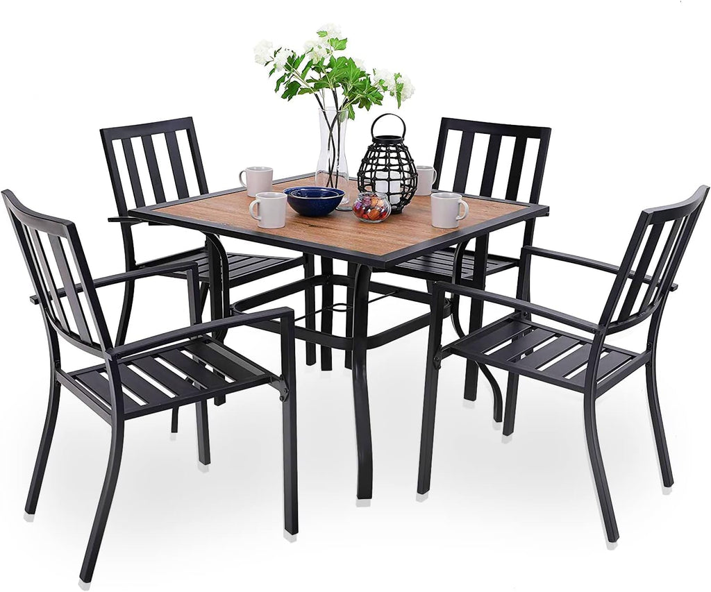 PHI VILLA 5 Pieces Outdoor Dining Set for 4, 37' Square Metal Table with Polywood Top & Stackable Wrought Iron Chairs, Outside Furniture Set for Patio, Deck, Backyard, Porch