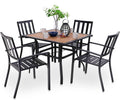 PHI VILLA 5 Pieces Outdoor Dining Set for 4, 37' Square Metal Table with Polywood Top & Stackable Wrought Iron Chairs, Outside Furniture Set for Patio, Deck, Backyard, Porch