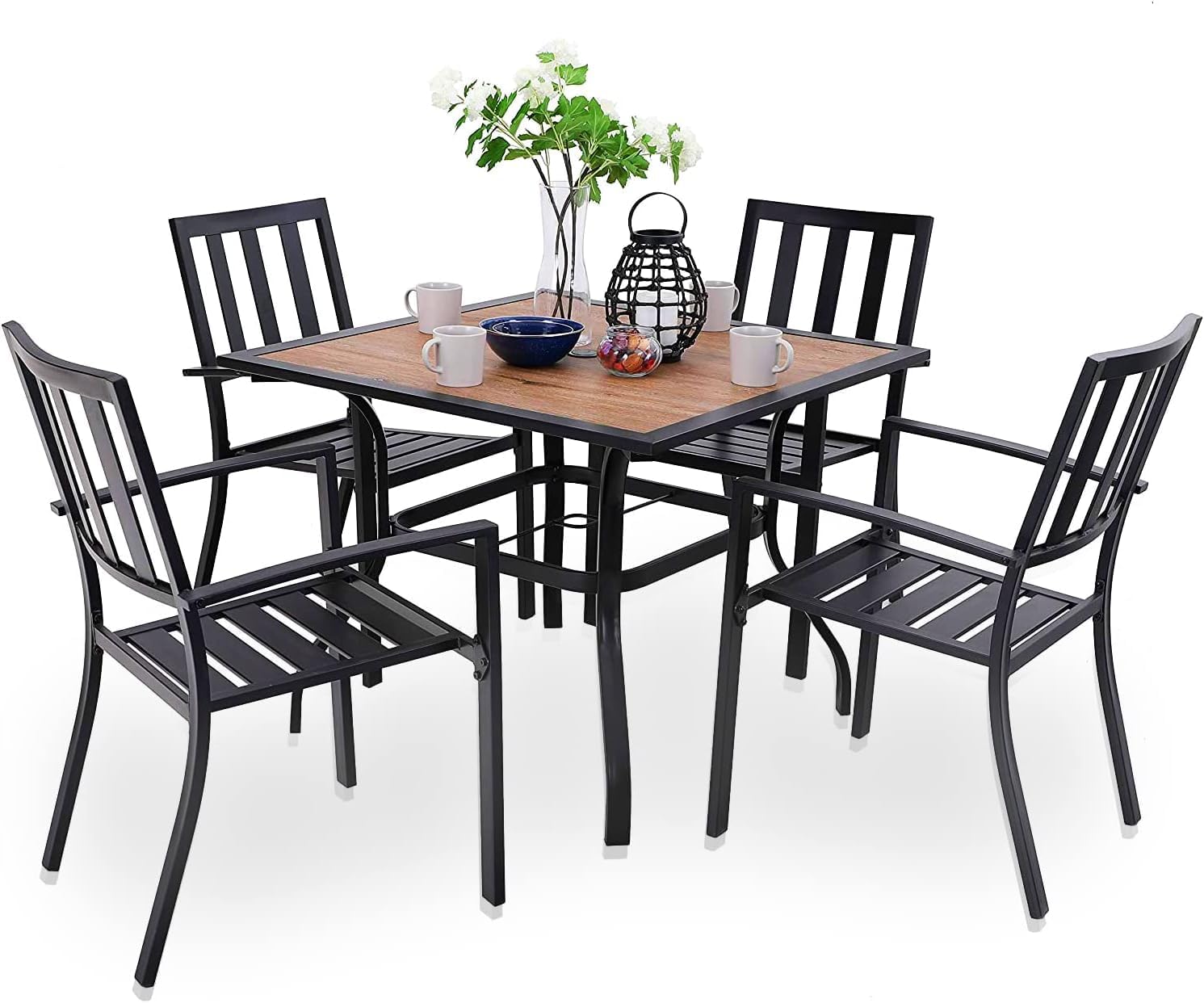 PHI VILLA 5 Pieces Outdoor Dining Set for 4, 37' Square Metal Table with Polywood Top & Stackable Wrought Iron Chairs, Outside Furniture Set for Patio, Deck, Backyard, Porch