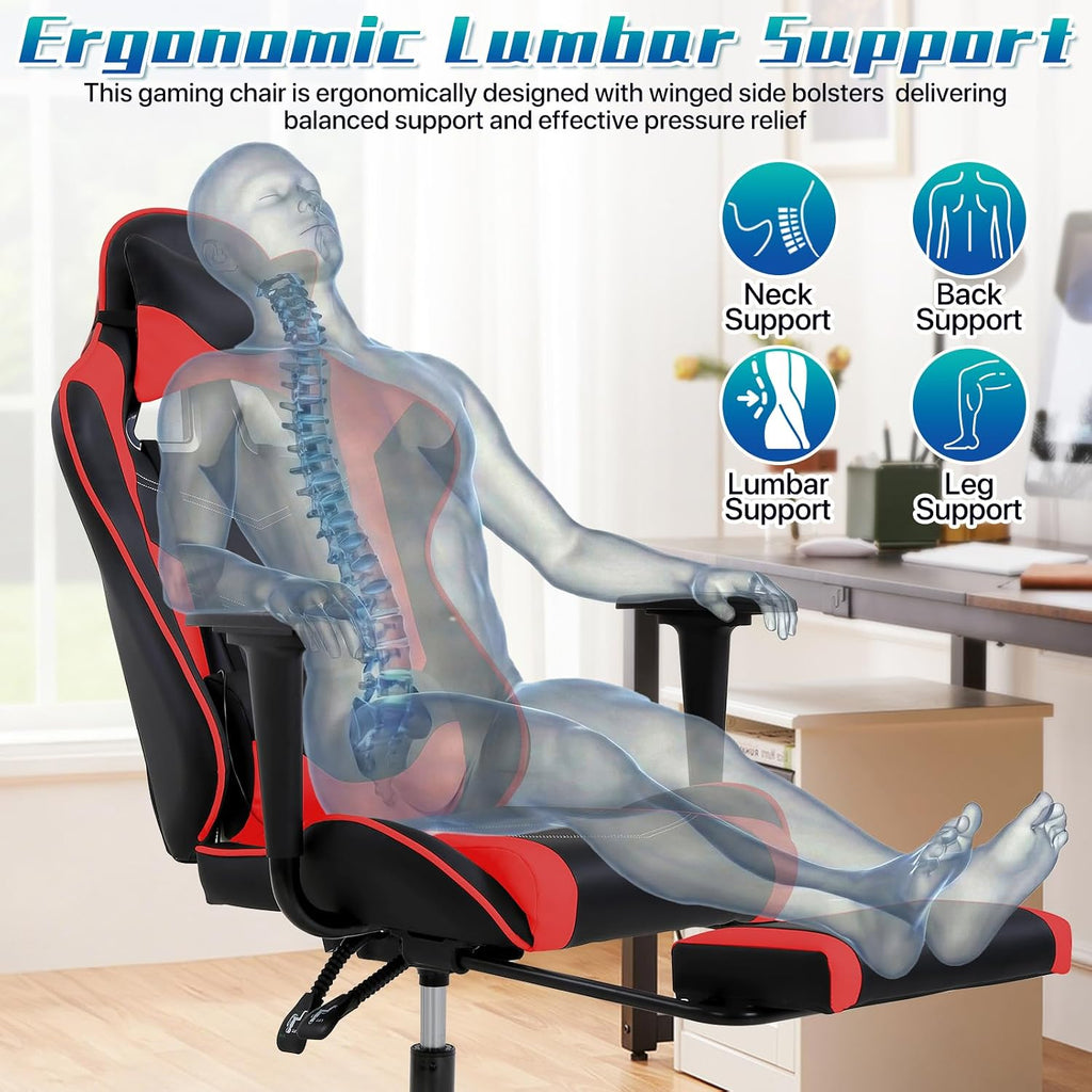 Ergonomic Gaming Chair with Footrest, High Back PU Leather Office Desk Chair for Adults Teens, Rolling Swivel Computer Chair (Red)