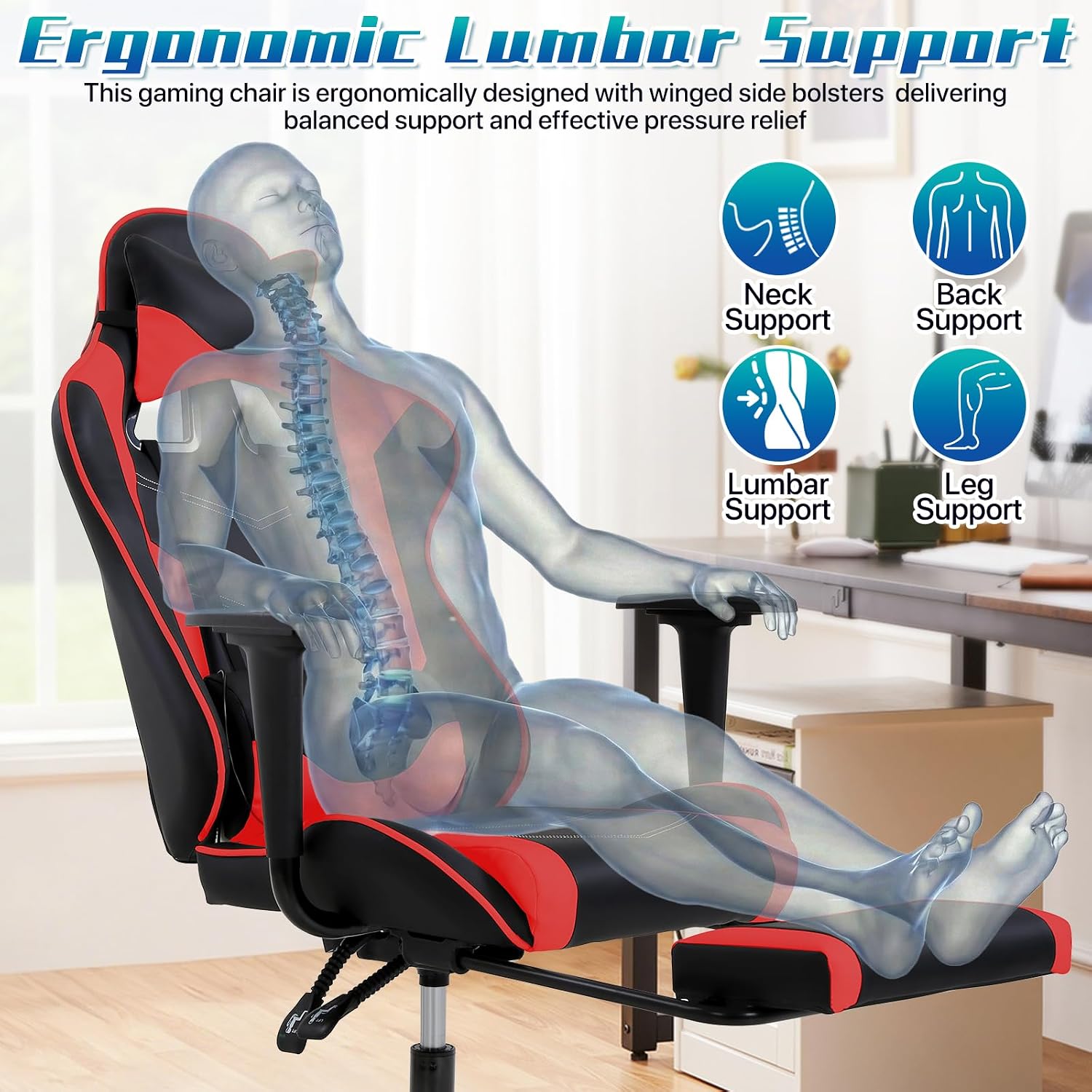 Ergonomic Gaming Chair with Footrest, High Back PU Leather Office Desk Chair for Adults Teens, Rolling Swivel Computer Chair (Red)