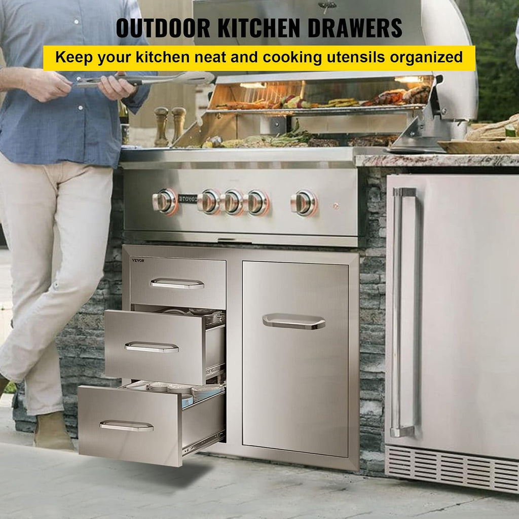 VEVOR Stainless Steel Cabinet, Outdoor Kitchen Door Drawer Combo 29.5' W x 22.6' H x 21.7' D, Access Door/Triple Drawers, Propane Drawer, Adjustable Garbage Ring, BBQ Island Patio Grill Station