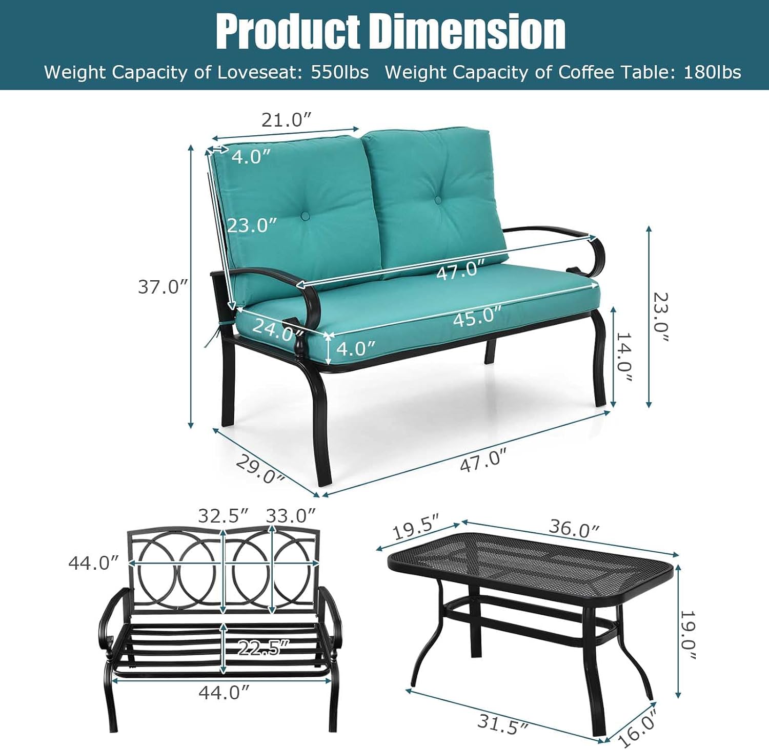 Tangkula Patio Loveseat with Table Set, 2 Seat Cushioned Sofa with Coffee Table, Patio Conversation Sofa Set with Rustproof Frame, 2 Pieces Outdoor Furniture Set for Garden, Poolside (Turquoise)