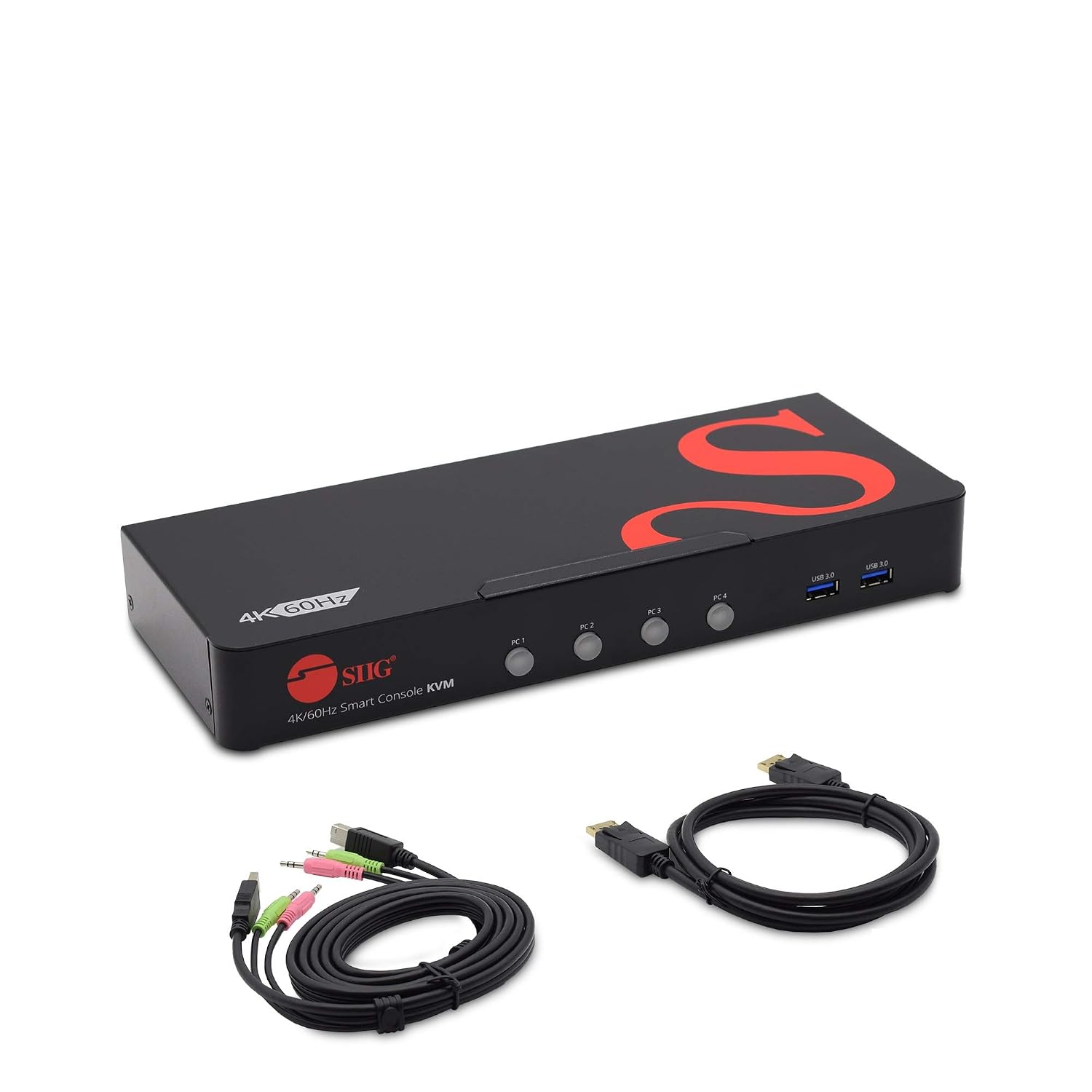 SIIG 4K DisplayPort 4-Port KVM Switch with Audio and Microphone, DP 1.2 4K60, USB 3.0 x4, USB 2.0 x2, Cables Included, Hotkey Control, TAA Compliant, ESD Protection, Metal housing (CE-DP0G11-S1)