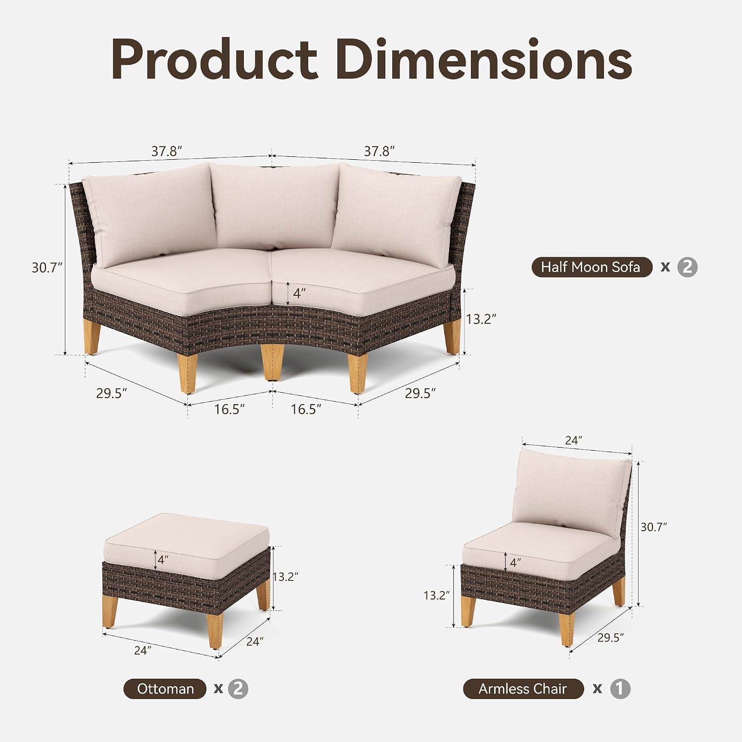 GREEN PARTY 7 Pieces Wicker Patio Furniture Set, All-Weather Outdoor Rattan Half-Moon Patio Curved Sectional Sofa Conversation Set for Garden, Backyard, 2 x Ottomans