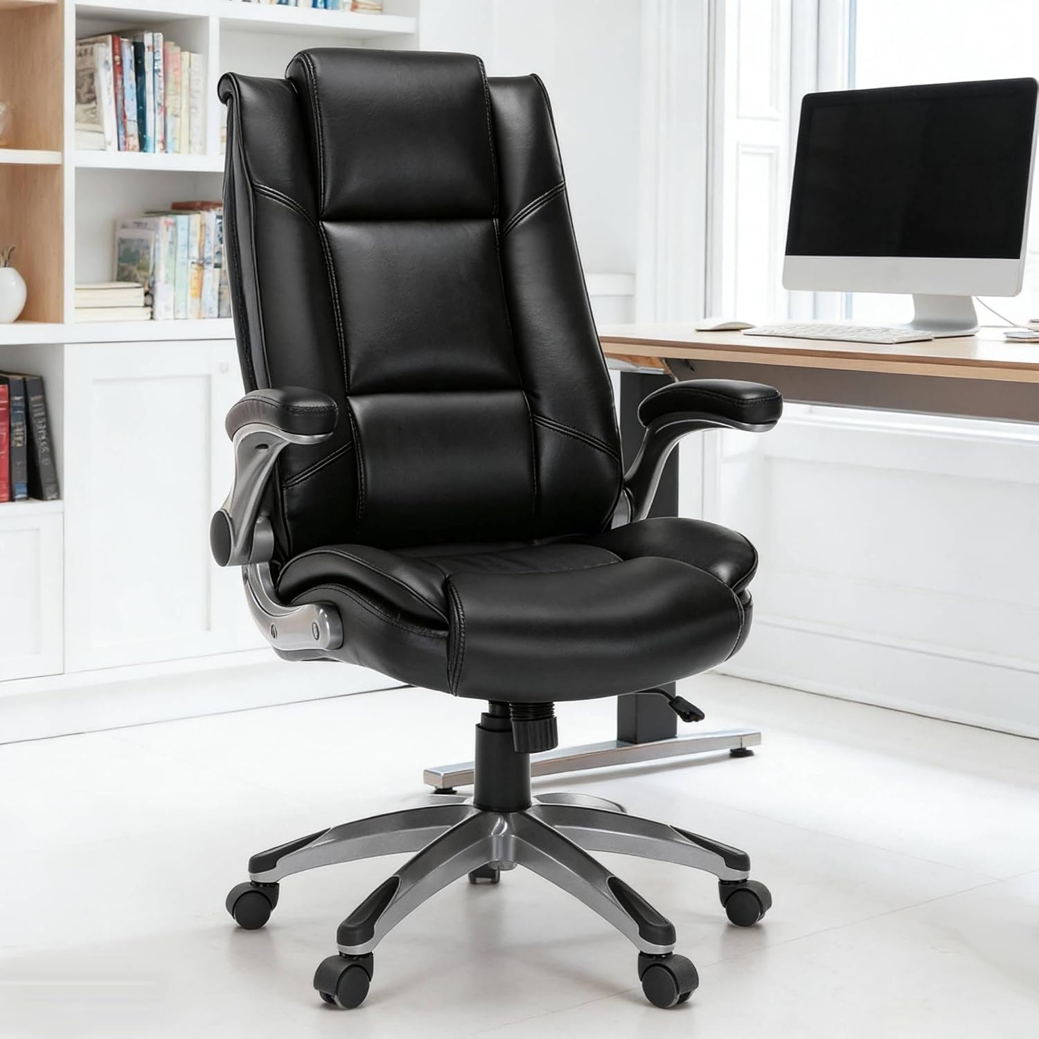MALOL Leather Executive Office Chair - High Back Home Computer Desk Chair with Padded Flip-up Arms, Adjustable Tilt Lock, Swivel Rolling Ergonomic Chair for Adult Working Study, Black