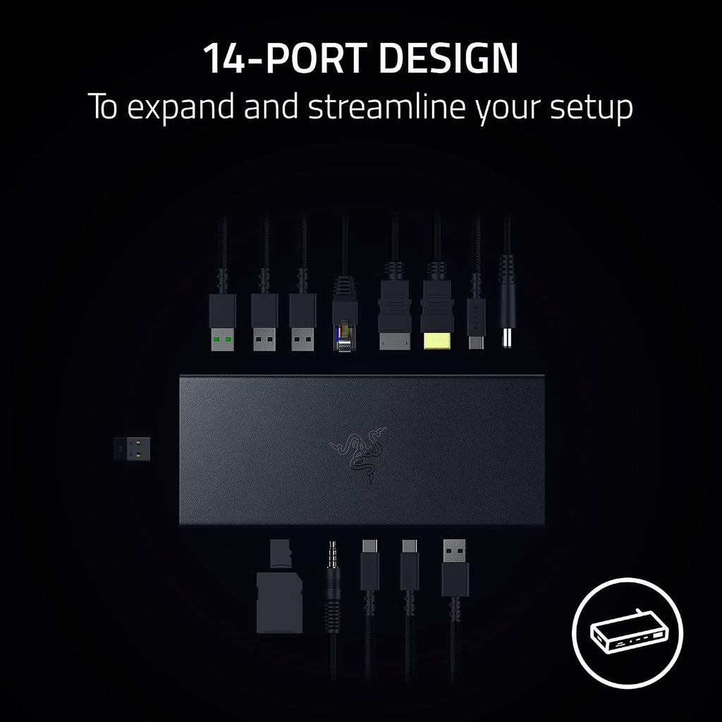 Razer USB 4 Dock: 14 Ports (Type C, Type A, HDMI, DP, Ethernet, SD, 3.5mm) - Dual Monitor Up to 4K 120 Hz - Laptop & Phone Fast Charge - Durable Lightweight Casing - Windows & Mac Compatible - Black