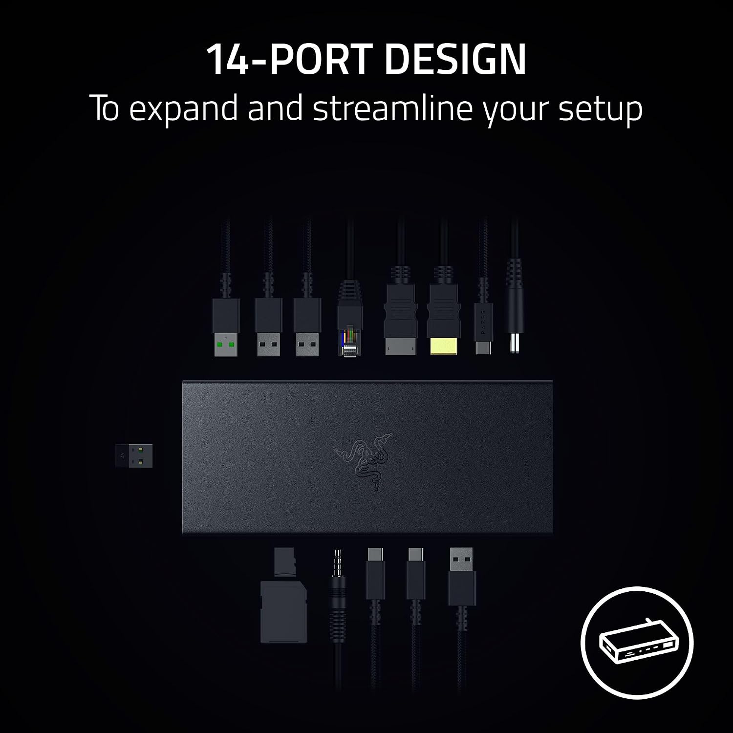 Razer USB 4 Dock: 14 Ports (Type C, Type A, HDMI, DP, Ethernet, SD, 3.5mm) - Dual Monitor Up to 4K 120 Hz - Laptop & Phone Fast Charge - Durable Lightweight Casing - Windows & Mac Compatible - Black