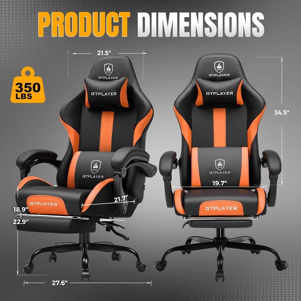 GTPLAYER Gaming Chair with Foot Rest & Pocket Spring Cushion, Ergonomic High Back Computer Chair with Headrest & 360°-Swivel Seat for Home Office Desk, PU Leather, Orange