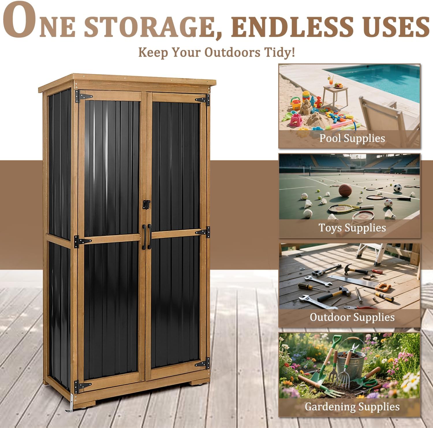 PetsCosset Outdoor Storage Cabinet, Wood & Metal Storage Shed with Weather-Resistant Roof, Removable Shelves, Lockable Doors, Outside Storage Tool Organizer for Garden, Patio, Backyard, Garage, Pool