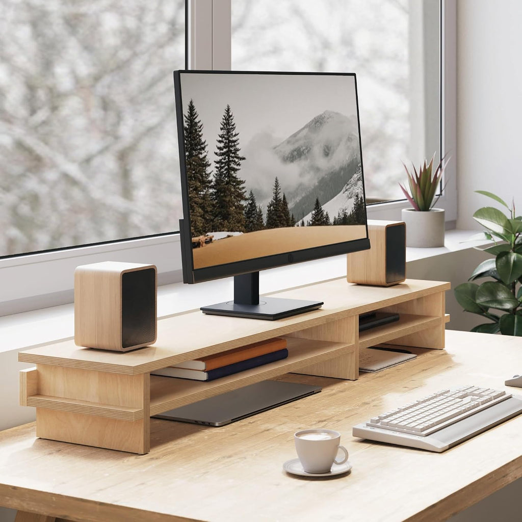 Fenge Dual Monitor Stand, 39.4in Wood Monitor Riser for 2 Monitors, 2 Tiers Desk Shelf with Cable Mangement for Top of Desk, Computer Stand for Laptop, PC, Printer