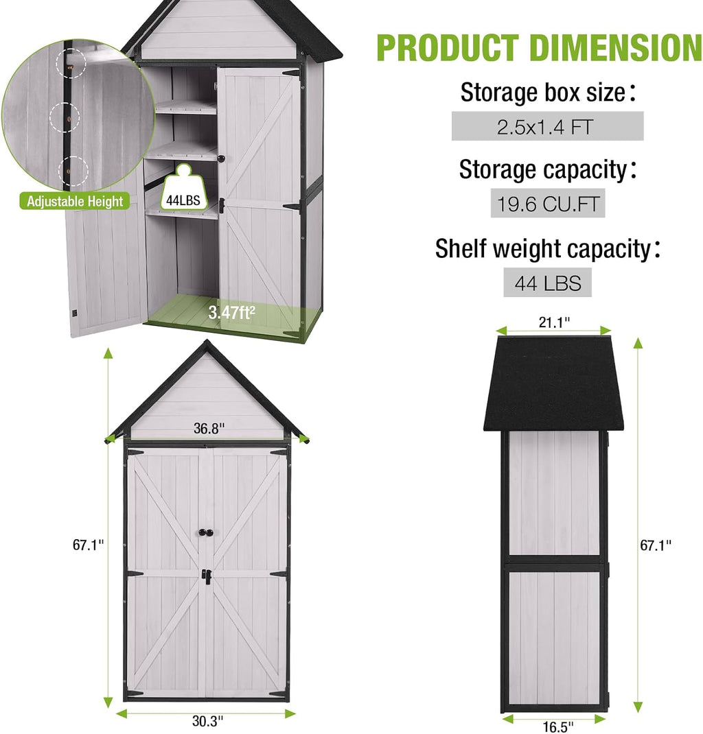 GUTINNEEN Sheds Outdoor Storage Wooden Garden Tool Shed with Metal Frame Sloped Roof and Adjustable 3 Tiers Shelves Outdoor Storage Cabinet for Backyard Garden Patio Lawn 67.1'(Off White)