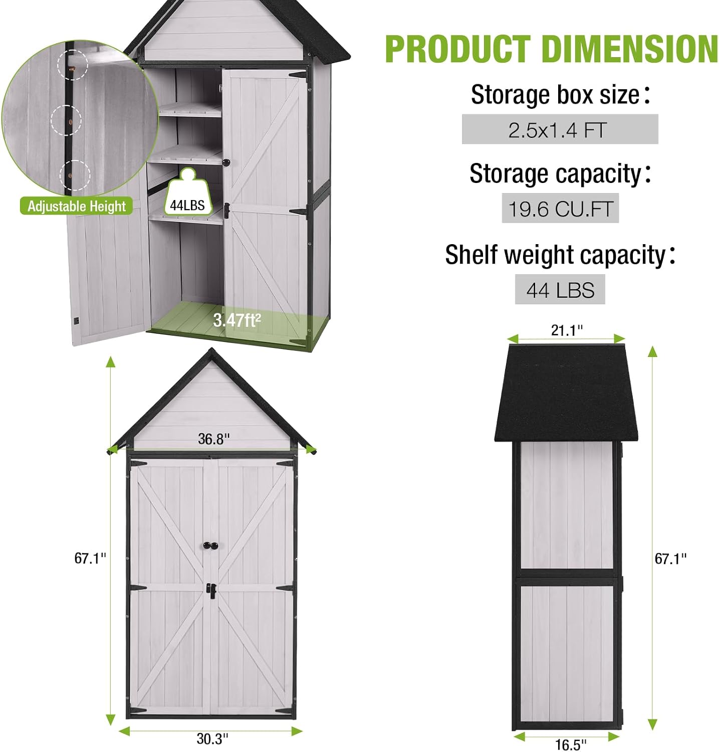 GUTINNEEN Sheds Outdoor Storage Wooden Garden Tool Shed with Metal Frame Sloped Roof and Adjustable 3 Tiers Shelves Outdoor Storage Cabinet for Backyard Garden Patio Lawn 67.1'(Off White)