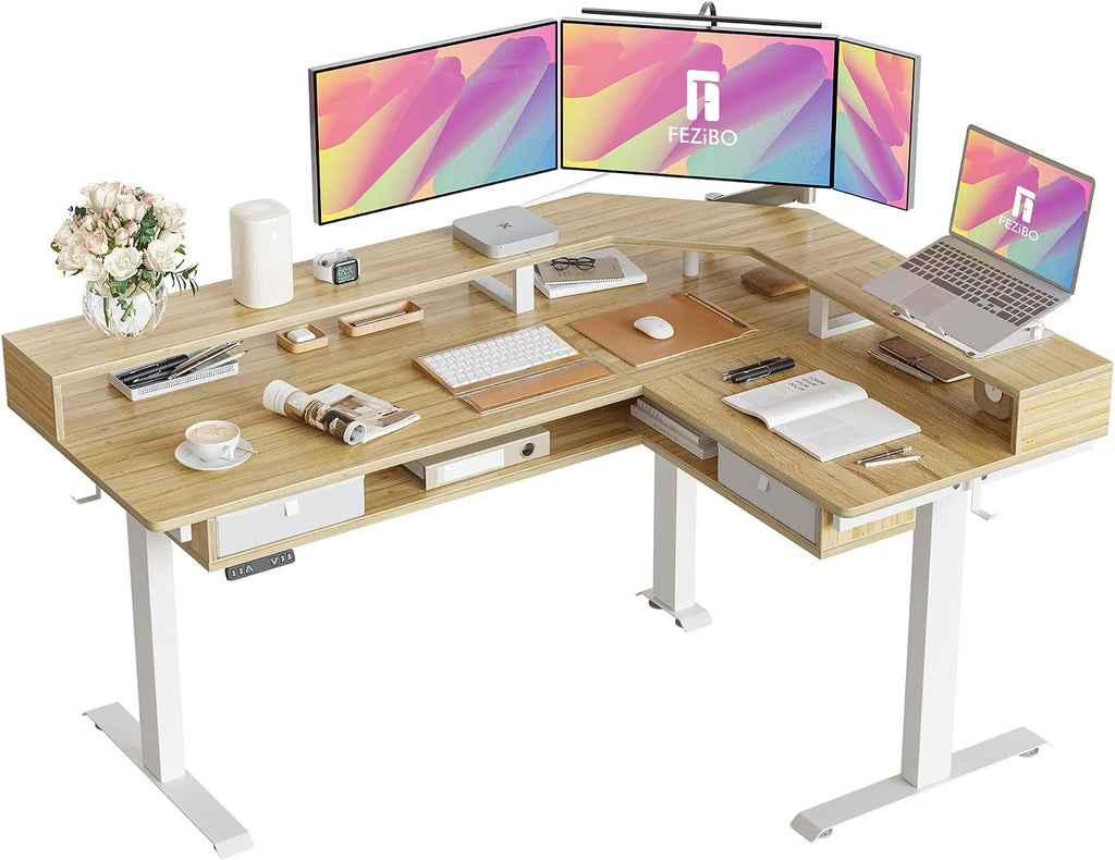FEZIBO 63'x49' L Shaped Standing Desk with LED Strip & 2 Drawers, Upper and Lower Storage Shelves Available, Electric Height Adjustable, for Gaming, Office, Natural（2 Packages）