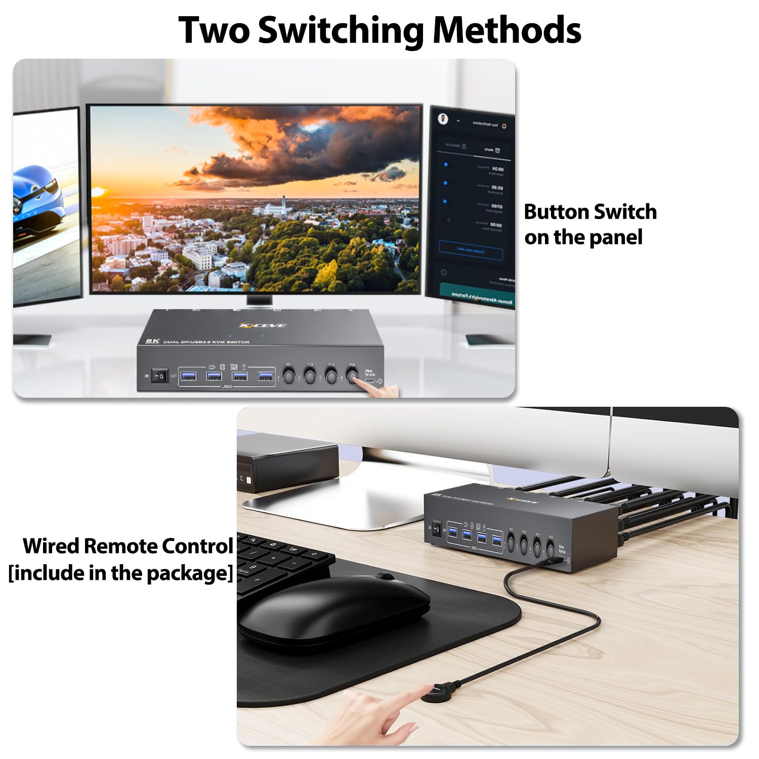 KVM Switch 2 Monitors 4 Computers HDMI + DisplayPort, KCEVE USB 3.0 DP KVM Switcher, 8K@30Hz/4k@144Hz DP KVM for 4 PC Share 2 Display and 4 USB 3.0 Devices