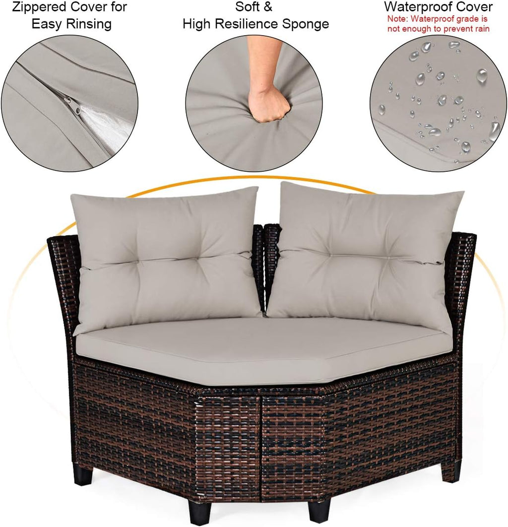 HAPPYGRILL 4 Pieces Rattan Patio Conversation Set, Outdoor Wicker Furniture Set with Cushioned Sofas and Coffee Table, L-Shape Sectional Curved Sofa Set for Garden Poolside Balcony