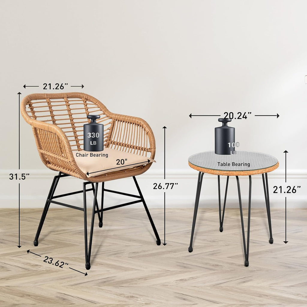 PROHIKER 3 Pieces Outdoor Wicker Bistro Patio Furniture Set, Porch Furniture Rattan Conversation Sets with Side Table and Cushions for Garden Poolside Backyard, Yellow/Beige