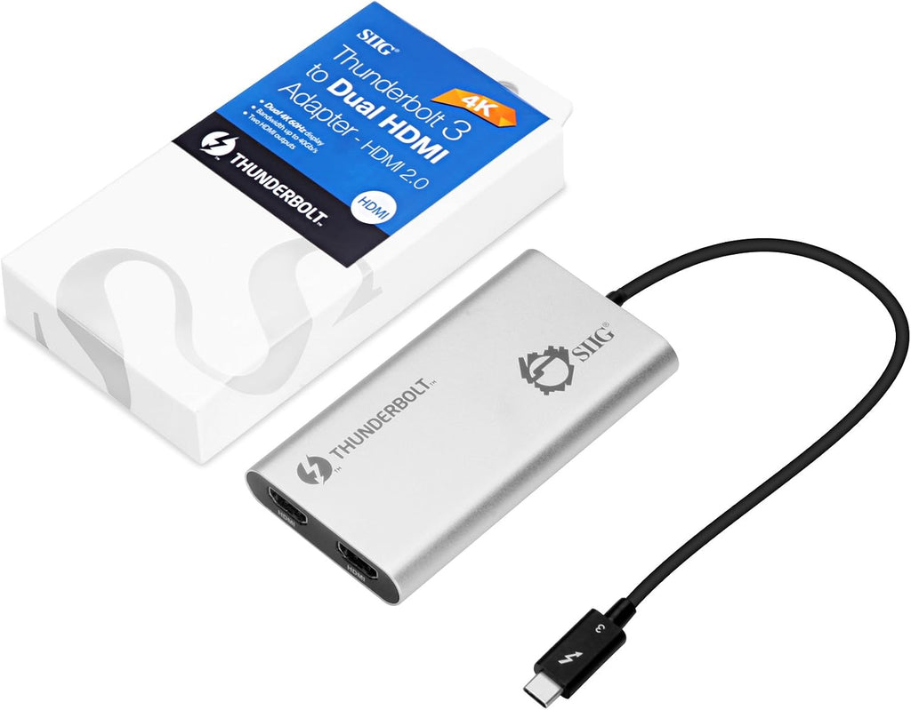 SIIG Thunderbolt 3 to Dual HDMI 2.0 Port Display Adapter at 4K 60Hz - Intel Thunderbolt 3 Certified - Windows/MacBook Pro/Chromebook/XPS/Surface Book - Supports Two 4K 60Hz Monitors Simultaneously