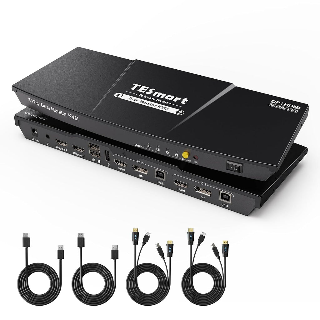 TESmart DisplayPort + HDMI KVM Switch 2 Monitors 2 Computers 4K@60Hz, Dual Monitor KVM Switch 2 Port Extended Display,USB 2.0, EDID Emulators, Hotkey Switch, L/R Audio,Button Switch with Input Cable
