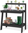 SERWALL Potting Bench Outdoor with Storage, 3-Tier HDPE Gardening Table with Angled Legs & Tool Hooks, All-Weather Heavy Duty Potting Table for Patio, Backyard, Garden, Black