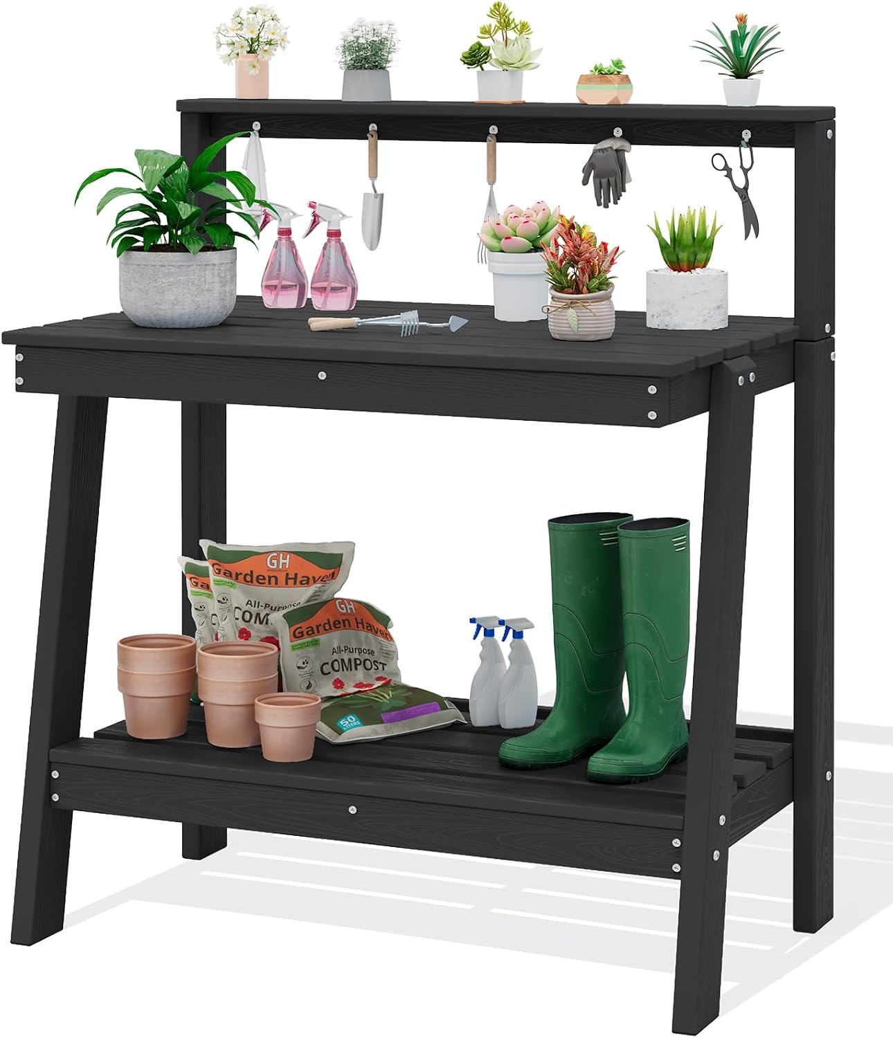 SERWALL Potting Bench Outdoor with Storage, 3-Tier HDPE Gardening Table with Angled Legs & Tool Hooks, All-Weather Heavy Duty Potting Table for Patio, Backyard, Garden, Black