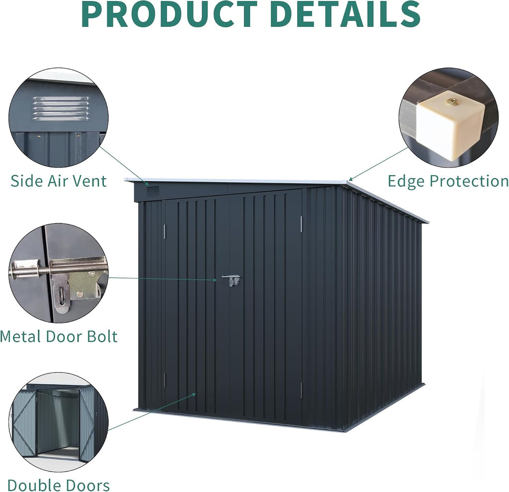 YOPTO 6x8 FT Lean to Outdoor Storage Shed,Metal Shed W/Translucent Panel,Garden Tool Storage House W/Air Vents,Lockable Double Doors & Sloped Roof,for Backyard,Patio,Lawn,Carbon Black