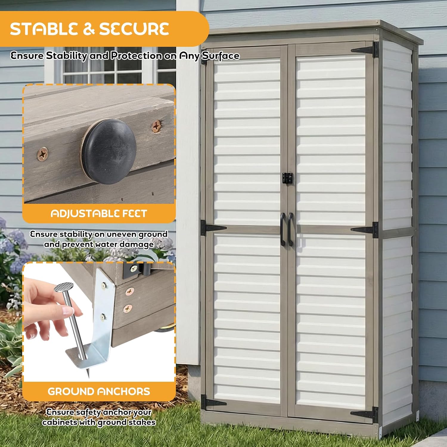 Outdoor Storage Cabinet with Shelves, Lockable Garden Shed, Wood & Plastic Weatherproof Outside Tool Cabinet for Patio, Backyard, Balcony White