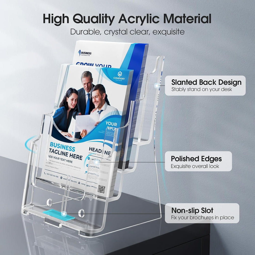MaxGear Acrylic Brochure Holder 8.5 x 11 inch, 4 Tier Clear Literature Organizer Magazine Stand Display with Removable Divider for 4 x 9 inch Brochures, Pamphlet, Wall Mount or Countertop, 4 Pack