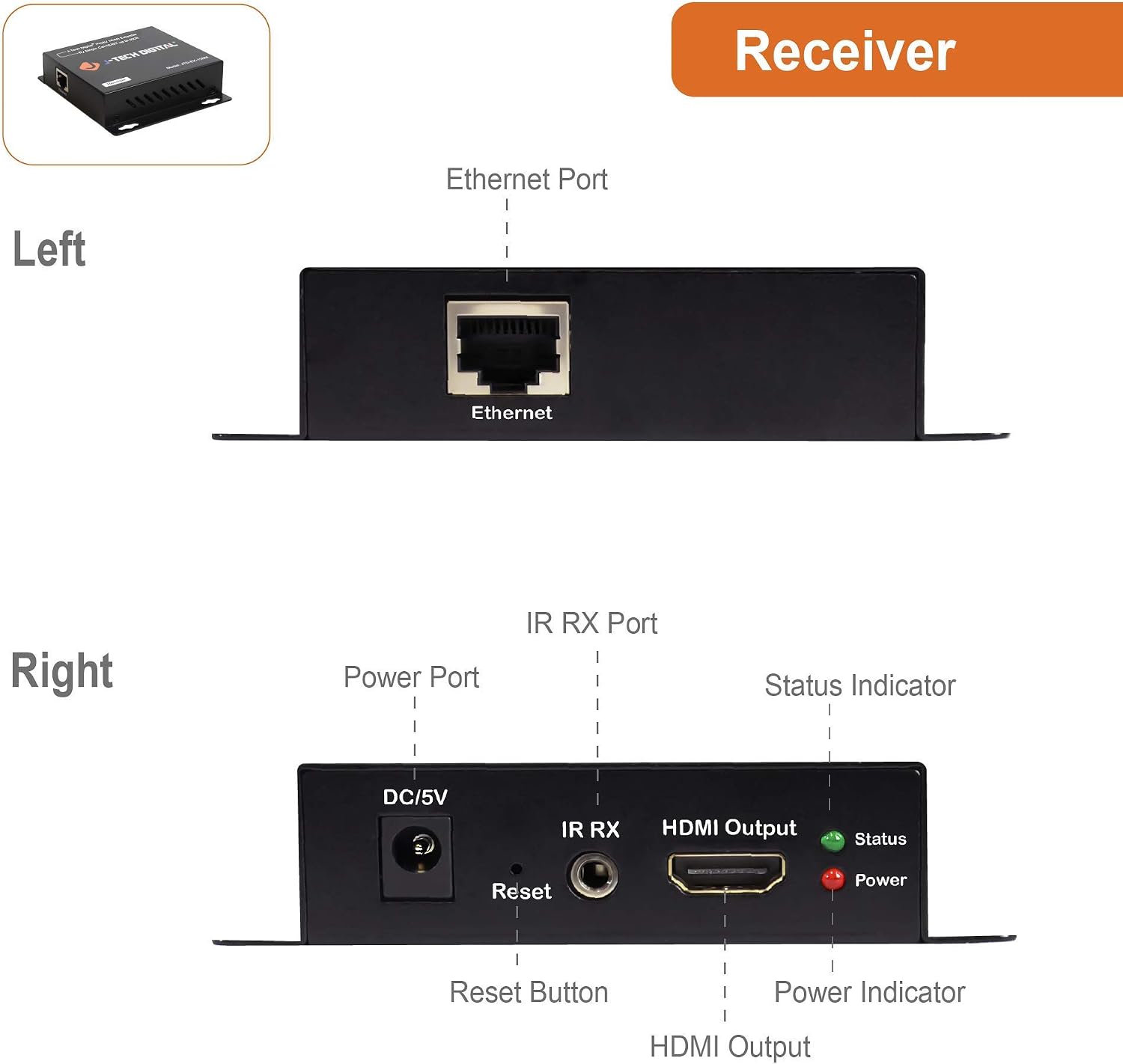 J-Tech Digital HDMI Extender Over Single Cat5e/6/7 HDMI Over Ethernet 1080p with IR Extension - Up to 400ft [TX + RX]
