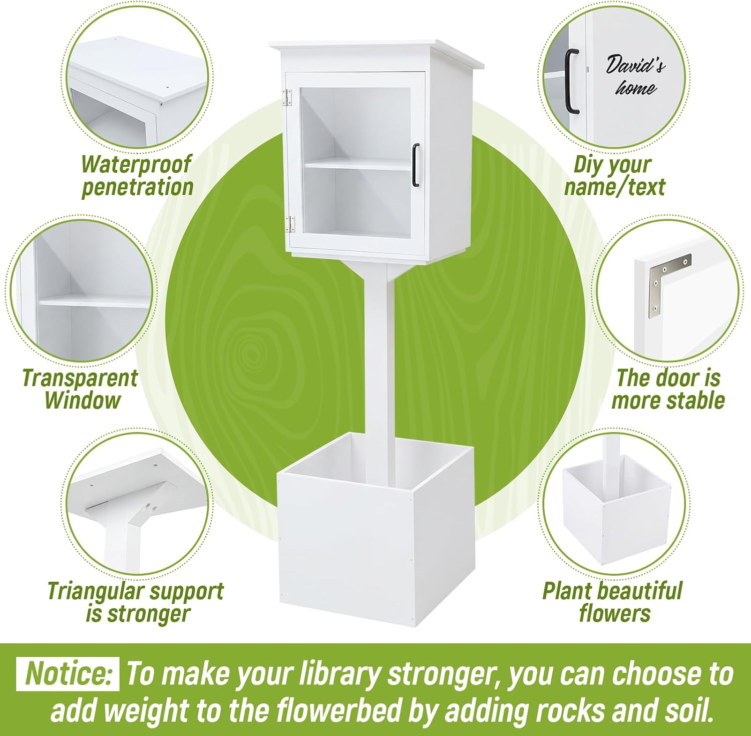 Wonderjune Wooden Little Library Box Outdoor, Weatherproof Double Solid Wood Book Exchange Box with Floor Plugs and Small Flower Fence for Neighborhoods, Community, Literature, School(White)