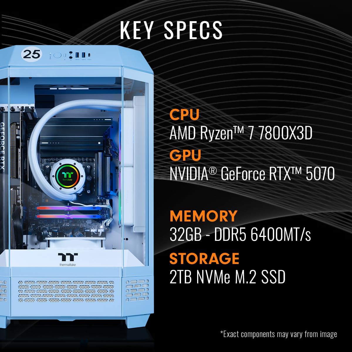 Thermaltake LCGS Reactor 7870TH Gaming Desktop (AMD Ryzen™ 7 7800X3D, 32GB 6400MT/s DDR5 RGB Memory, NVIDIA GeForce® RTX 5070 Ti, 2TB NVMe M.2, WiFi, Windows 11) T3HB-B850-57T-LCS
