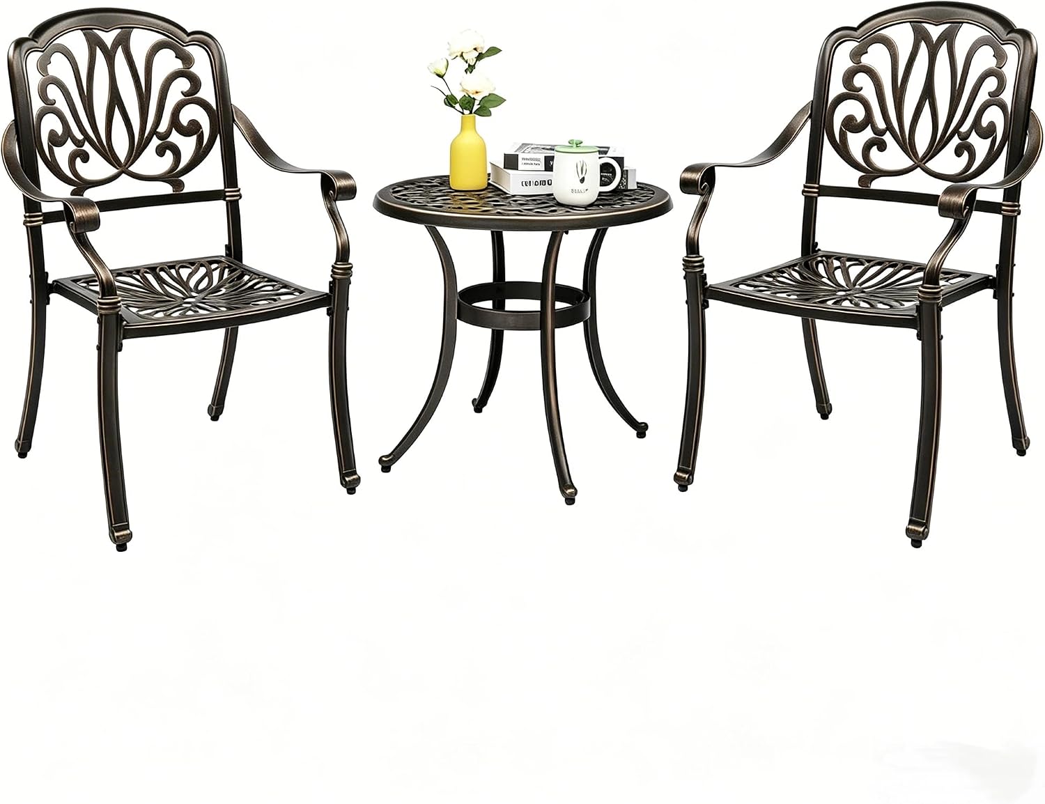 VINGLI 3 Piece Outdoor Bistro Set, Cast Aluminum Patio Table and 2 Chairs Set for Patio Balcony Garden, All Weather Outdoor Furniture Set with Stackable Chairs and Small Round Table (Without Cushion)