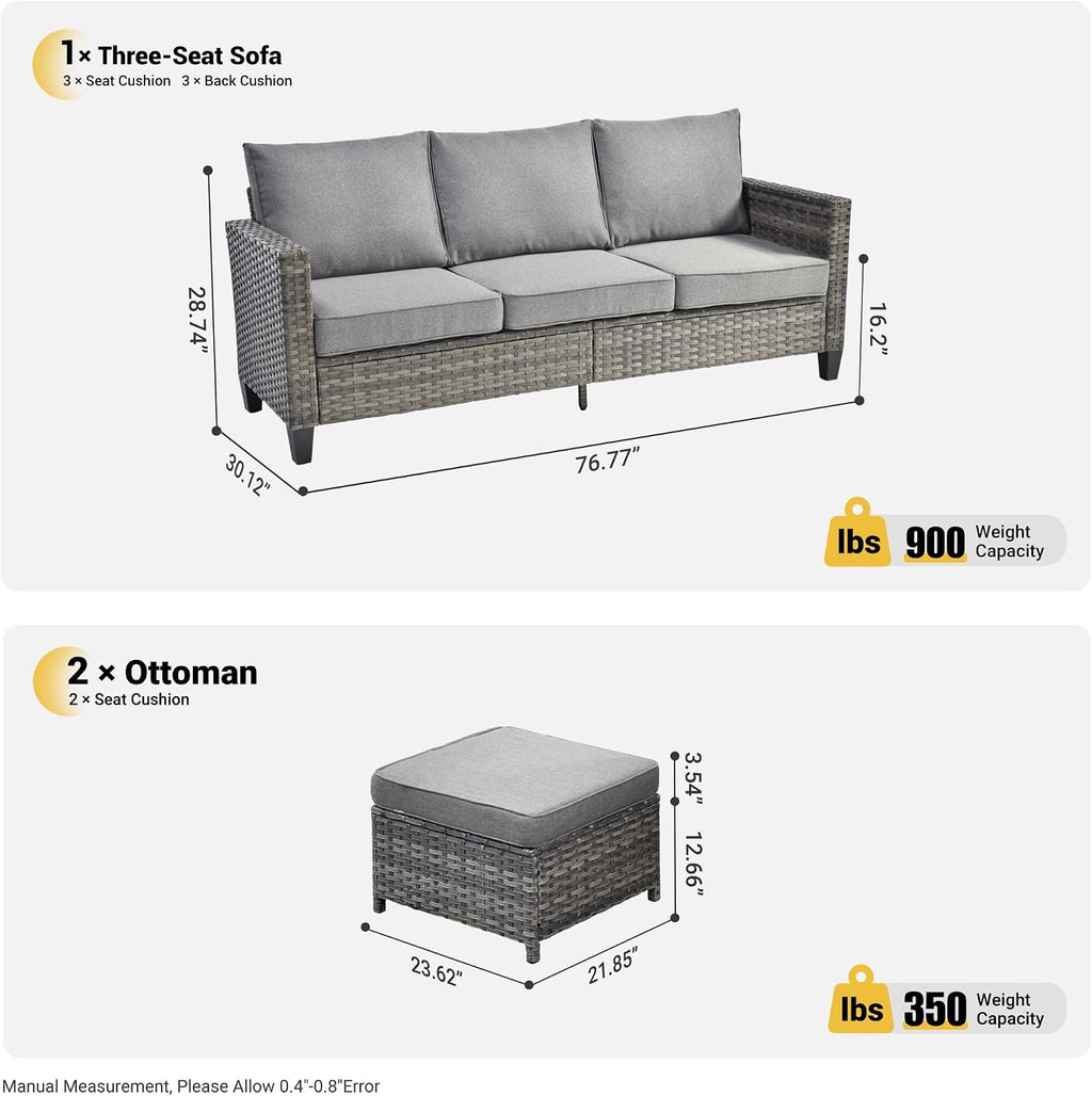 ovios Patio Sofa 3 Pieces Patio Furniture Set Outdoor Wicker Sofa Couch with Ottomans Thick Cushions, All Weather Rattan Conversation Set for Porch Backyard Deck, Dark Grey