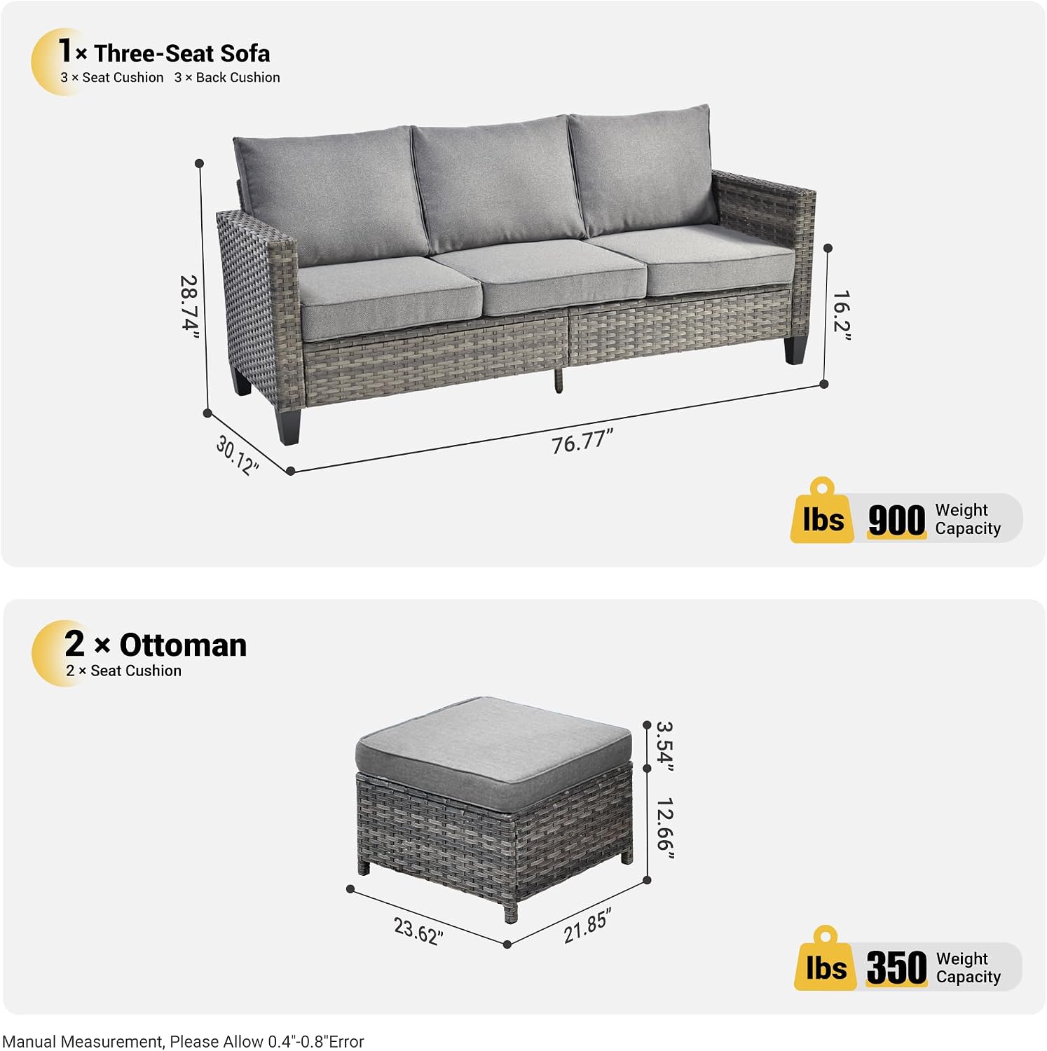 ovios Patio Sofa 3 Pieces Patio Furniture Set Outdoor Wicker Sofa Couch with Ottomans Thick Cushions, All Weather Rattan Conversation Set for Porch Backyard Deck, Dark Grey