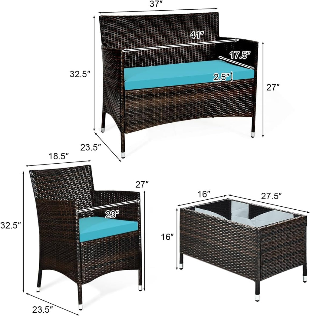 COSTWAY 8PCS Rattan Patio Furniture Set, Outdoor Wicker Rattan Chairs with Coffee Table, Rattan Cushioned Conversation Set for Backyard Balcony Porch Poolside, Turquoise
