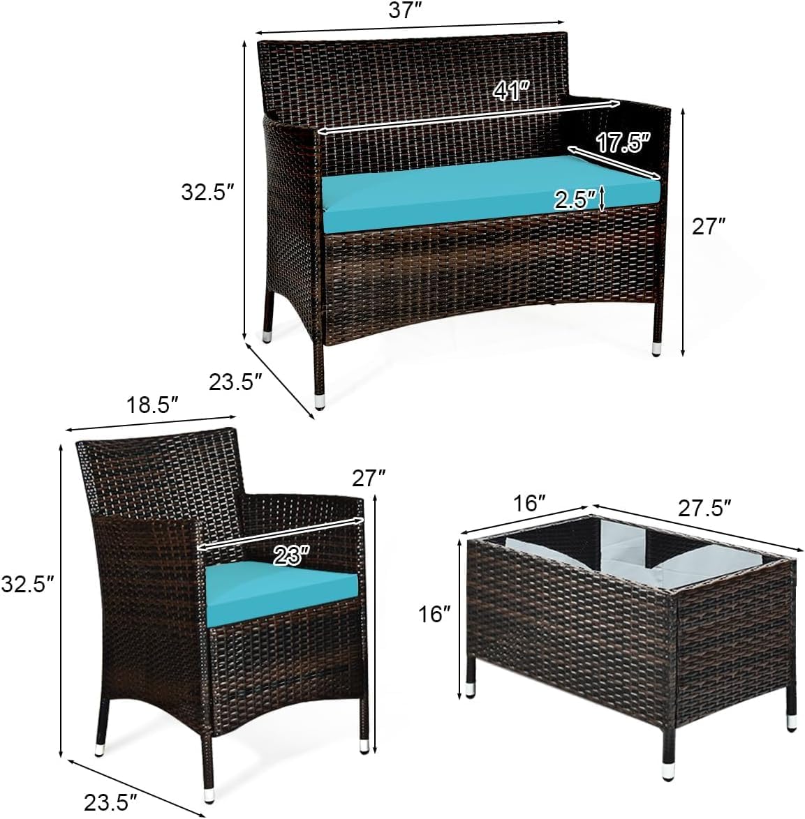 COSTWAY 8PCS Rattan Patio Furniture Set, Outdoor Wicker Rattan Chairs with Coffee Table, Rattan Cushioned Conversation Set for Backyard Balcony Porch Poolside, Turquoise