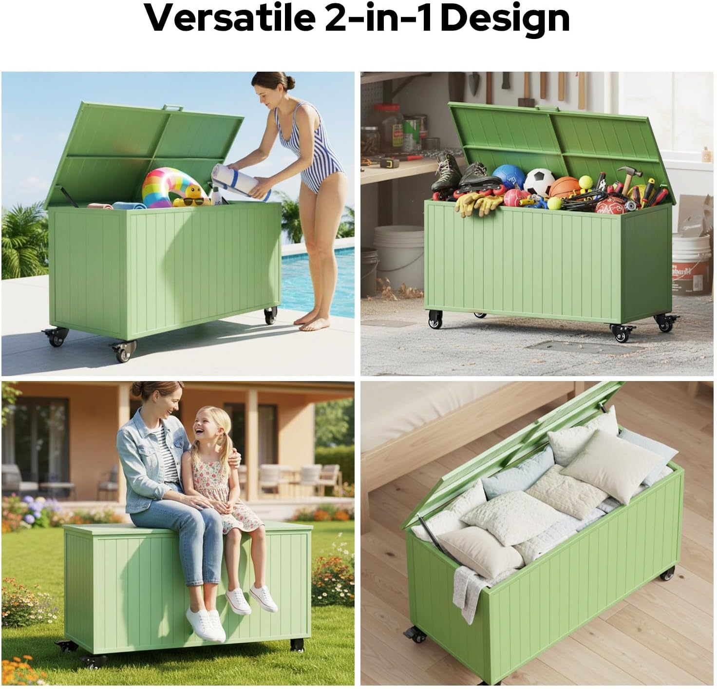 Outdoor Storage Box with Wheels 150 Gallon, Mobile Aluminum Deck Boxes Outdoor Waterproof, UV Resistant Patio Storage Box with Lid for Patio Furniture, Garden Tools, Outdoor Cushion(Green)