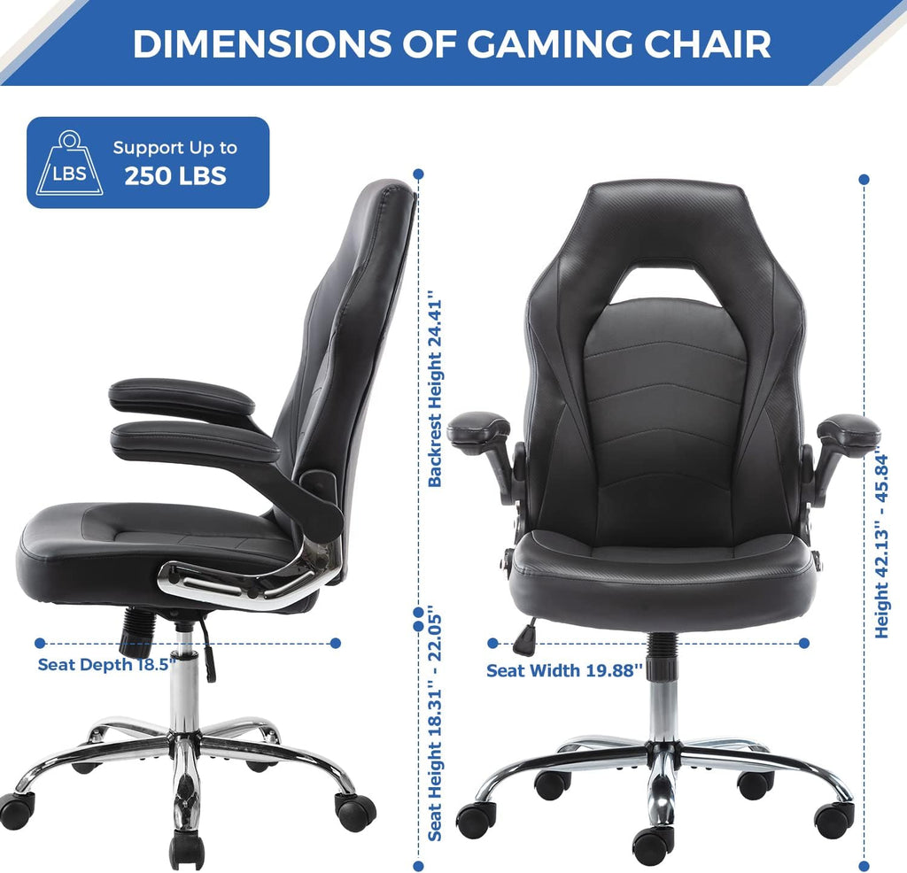 ZUNMOS Home Gaming Ergonomic Office Flip-up Armrest and Height Adjustable Desk Splicing PU Leather Computer Chair with Lumbar Support, Black (3959-BKZ6)