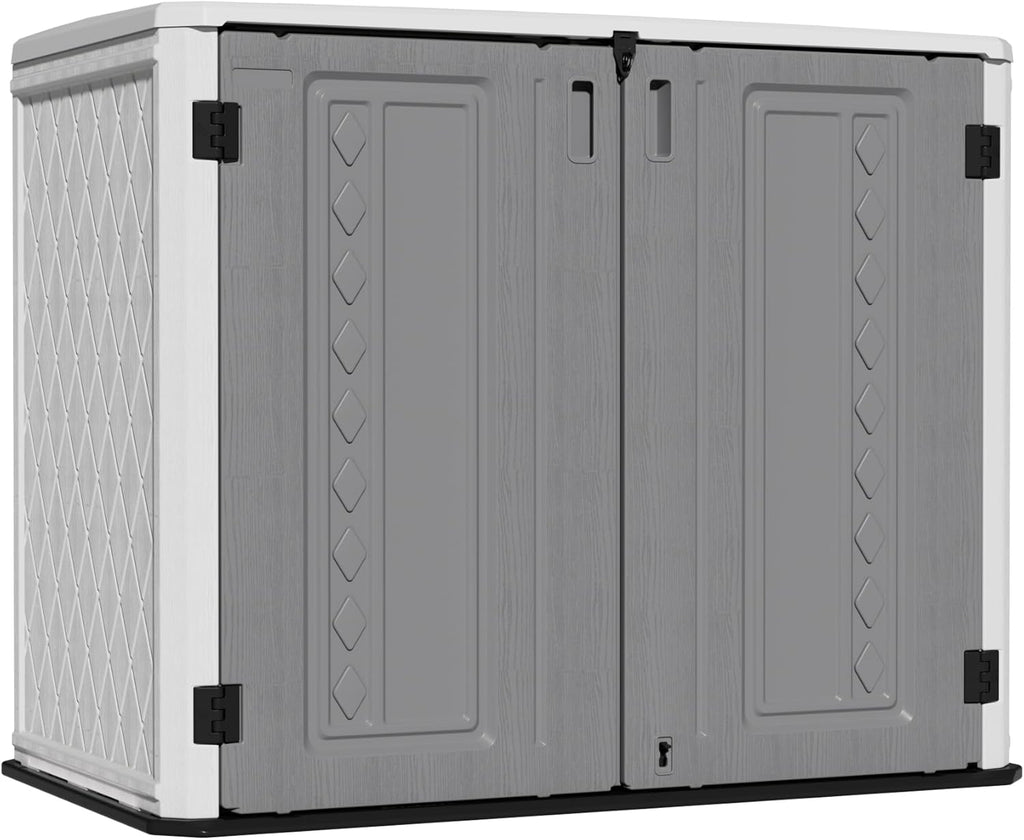 Mrosaa Outdoor Storage Shed Waterproof, Horizontal Outdoor Storage Cabinet for Garbage Cans,Tools and Lawnmower Lockable(34 Cu.ft-Gray and White)