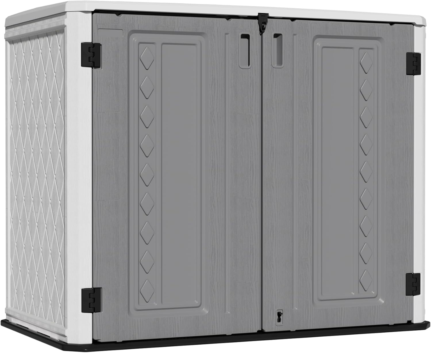 Mrosaa Outdoor Storage Shed Waterproof, Horizontal Outdoor Storage Cabinet for Garbage Cans,Tools and Lawnmower Lockable(34 Cu.ft-Gray and White)