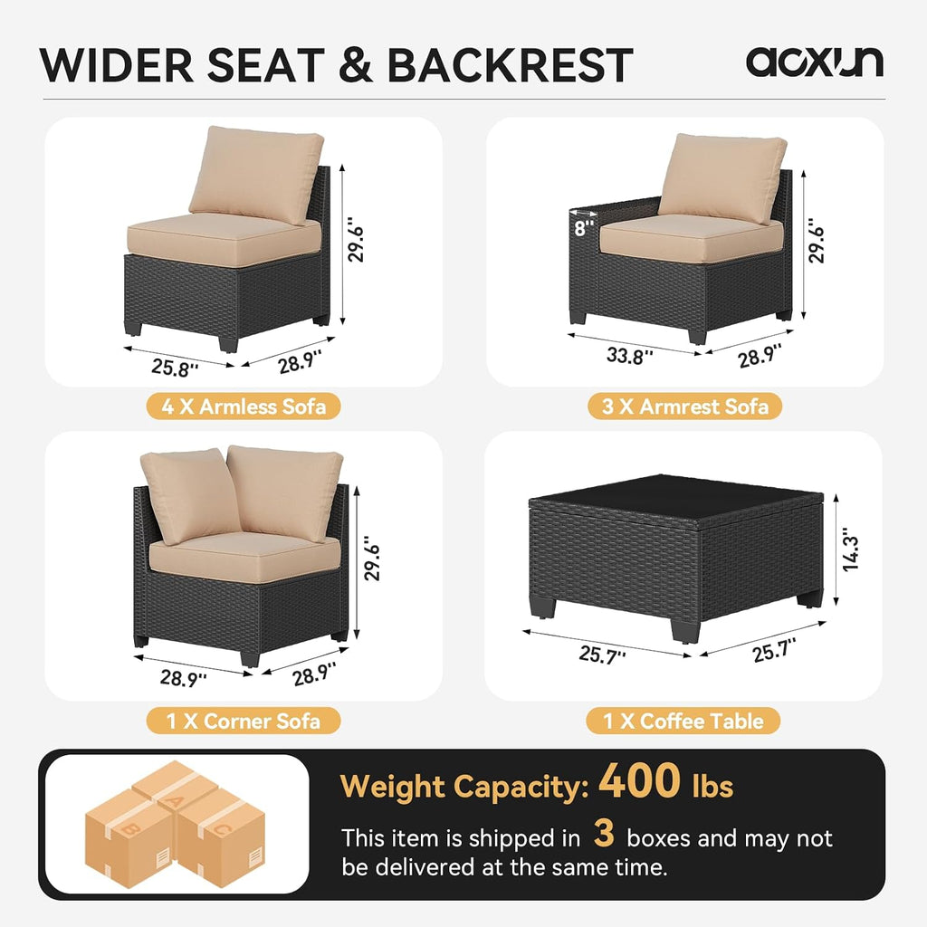 Aoxun Patio Furniture Set, 9 Pcs Outdoor Patio Furniture Sets with 4 in Thicken Cushion, Widen Armrests Wicker Outdoor Sectional for Backyard & Garden, Beige