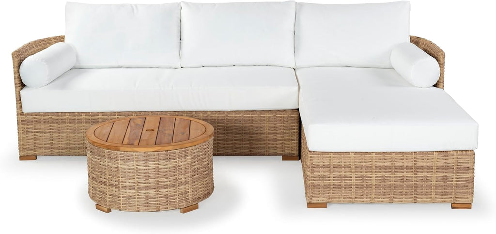 SAFAVIEH Couture Outdoor - Anguilla Round Wicker Coffee Table - Solid Wood and Aluminum - Coastal Woven Design - Ideal for Patio, Deck, Porch, Backyard, 25.6'W x 25.6'D x 13.8'H (CPT2103A)