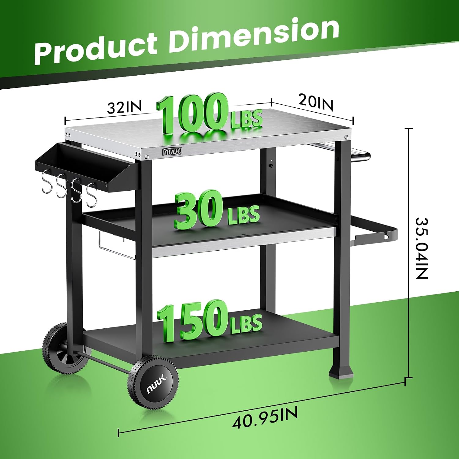 NUUK 3-Shelf Grill Cart for Outdoor with Stainless Steel Top – 20' x 32' Movable Pizza Oven Stand with Wheels Kitchen Prep Table BBQ Cart Worktable
