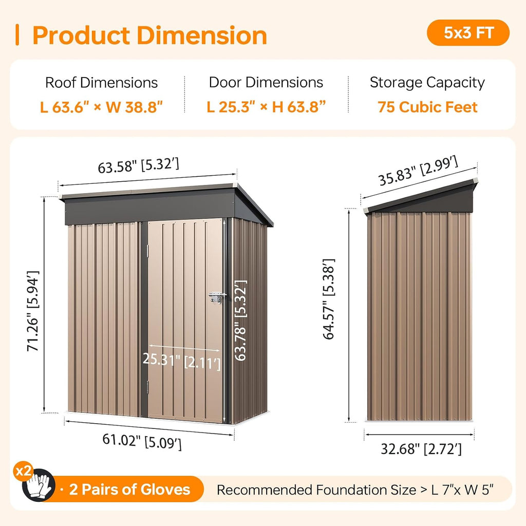 5x3FT Outdoor Storage Shed, Metal Garden Tool Shed with Sloping Roof & Lockable Door for Patio Lawn Backyard (Brown, 5x3FT)