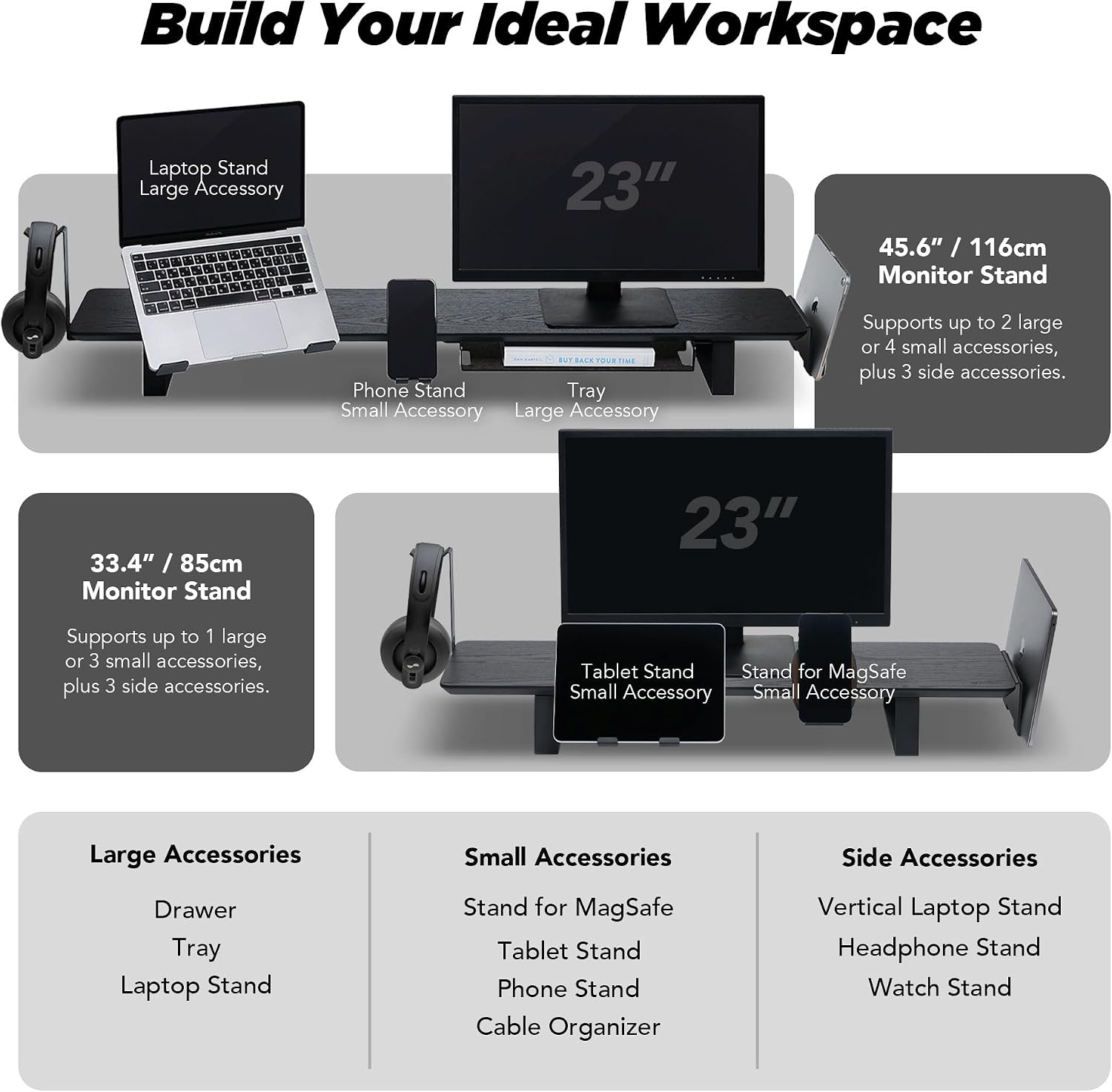 ULTRARM Moodular Wooden Monitor Stand 33.4' (85cm) Desk Organizer with Metal Slide Rails for Drawer, Tray, Laptop, Tablet, Phone & Headphones Customizable Riser for Organized Workspace Oak MS85-O