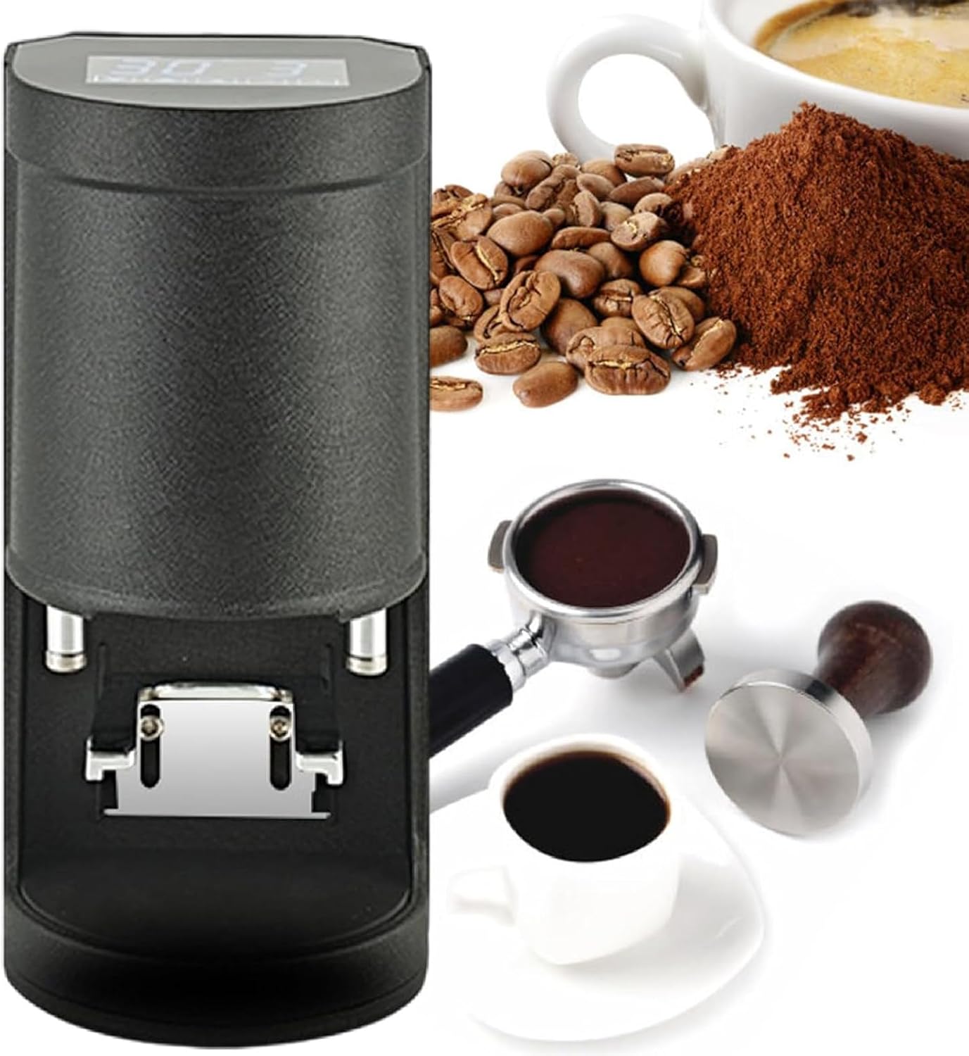 58mm Electric Coffee Tamper,Automatic Expresso Coffee Powder Press Machine,Stainless Steel Coffee Masher10-30kg Pressure,1 to 3 Adjustable Tamp Times for Cafes & Home Baristas Black