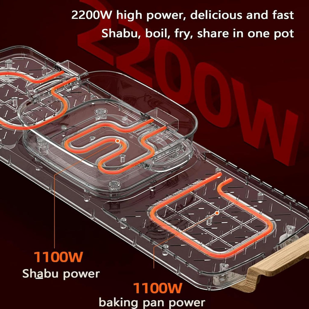 2 and 1 Electric Grill with Hot Pot, Indoor Oven, Shabu-shabu Grill, 2200W Power, Zoned Temperature Control, Suitable for 3~12 People