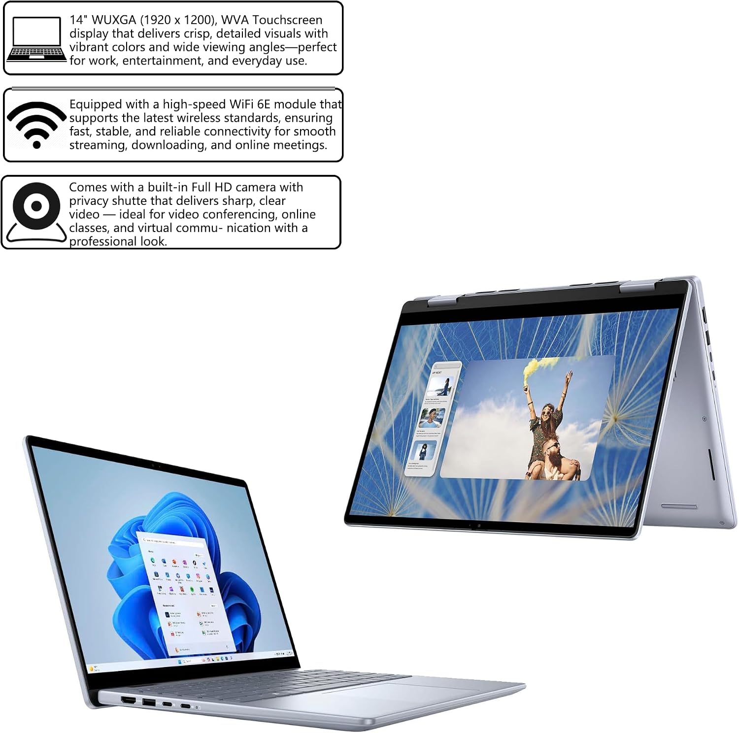 Dell Inspiron 14 7445 2-in-1 Laptop 14' WUXGA Comfortview Touchscreen AMD 6-core Ryzen 5 8640HS (>i7-1355U) 16GB RAM 1TB SSD Backlit for Creator Business Professional Work Win11